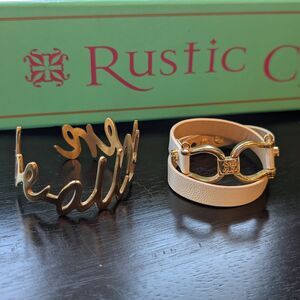 Rustic Cuff Gold "Be All There" and White Leather Bracelet Set